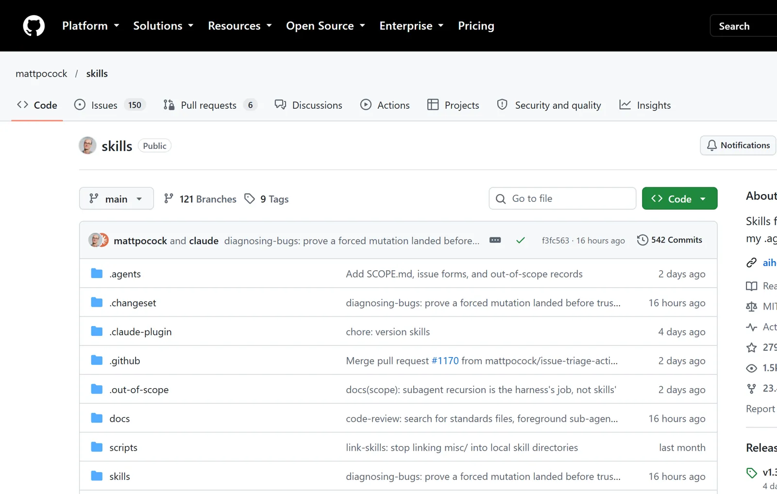 Trang repo skills của Matt Pocock trên GitHub