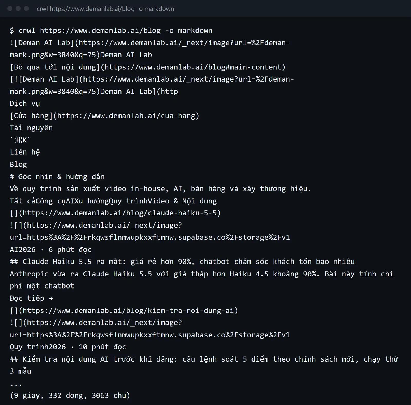 Kết quả chuyển trang blog sang Markdown sau 9 giây
