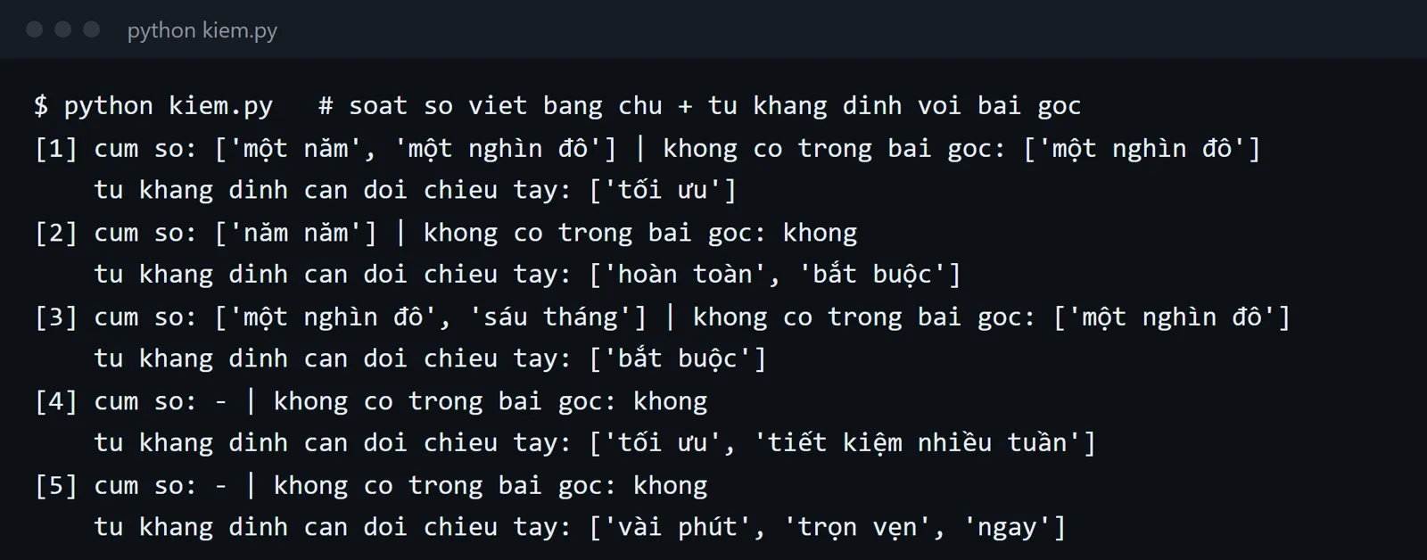 Bộ kiểm tra số kịch bản video và các từ cần soát
