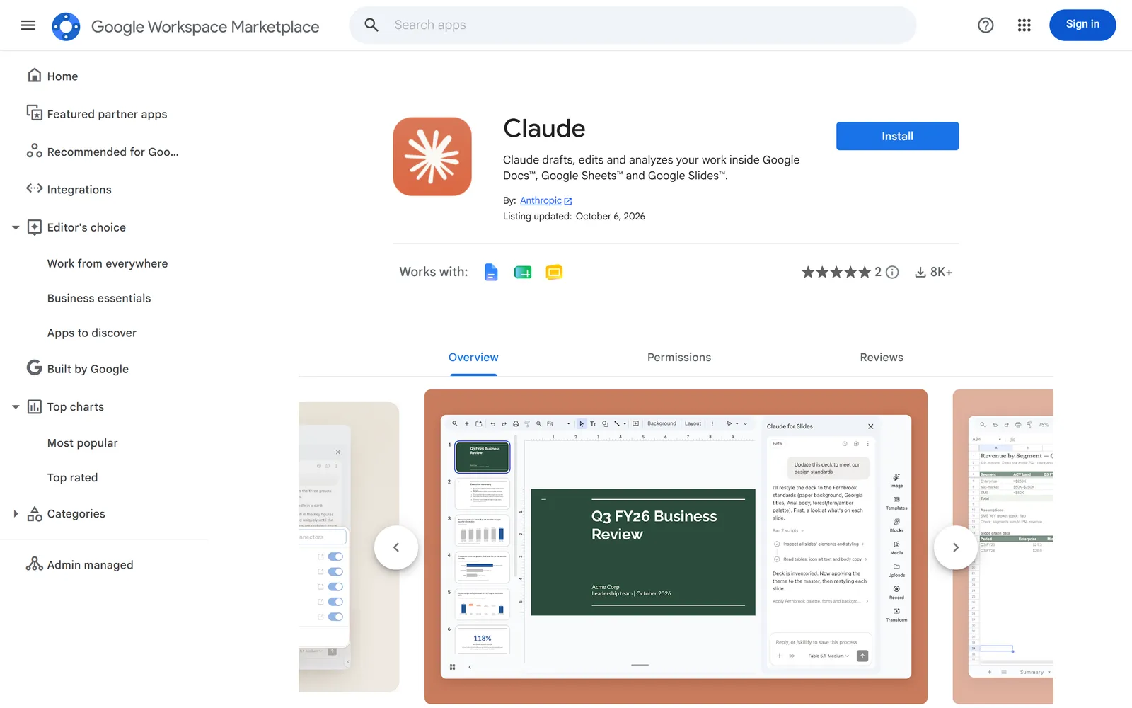 Claude trên Google Workspace Marketplace, bản cập nhật 6/10/2026