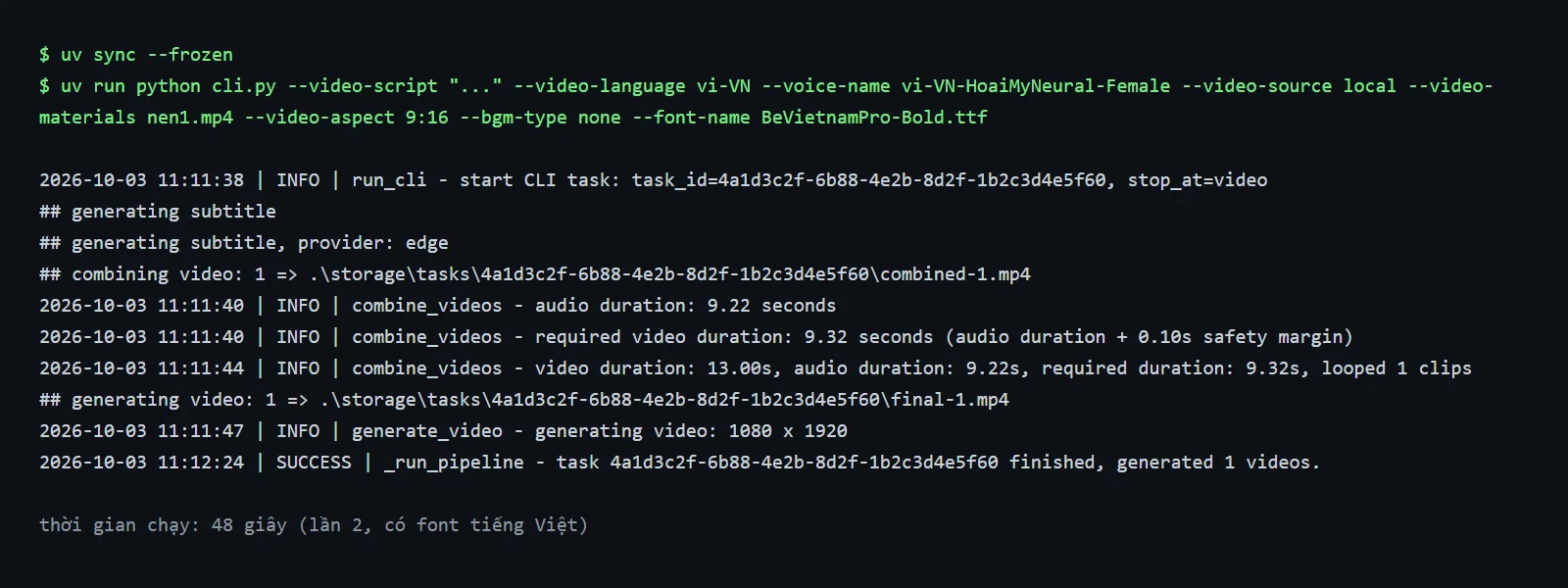 Kết quả log sau khi chạy lại bằng font tiếng Việt