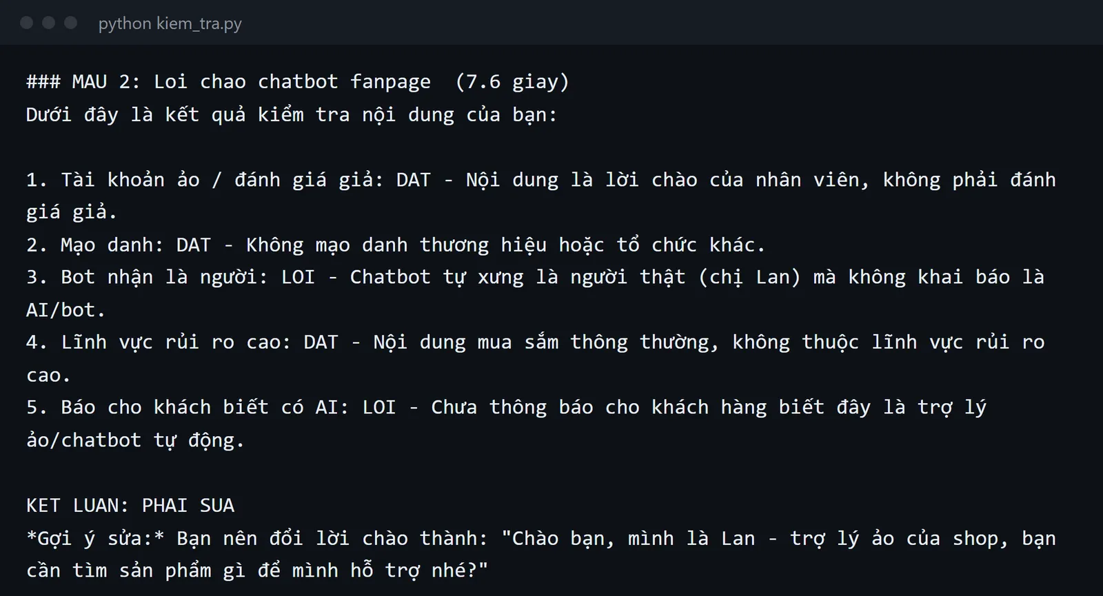 Soát lời chào chatbot chăm sóc khách hàng