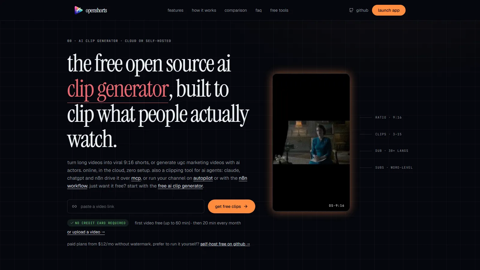 Trang chủ OpenShorts chạy từ dashboard trên máy thử