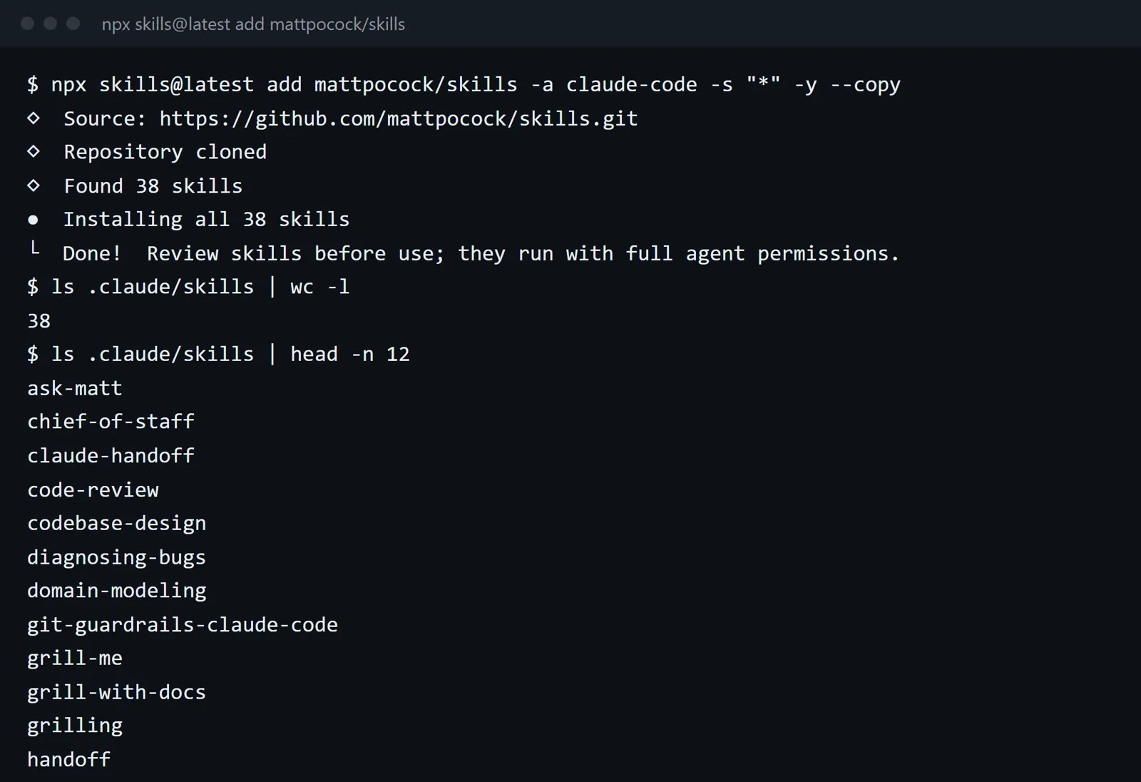 Bộ skills Claude Code sau khi cài xong trong 4 giây