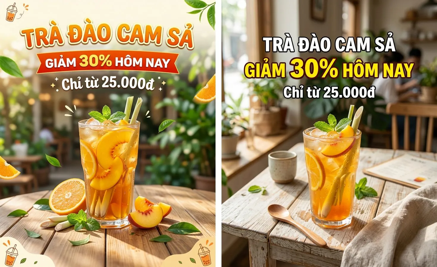 Poster trà đào: Nano Banana 2.1 bên trái, bản 2 bên phải