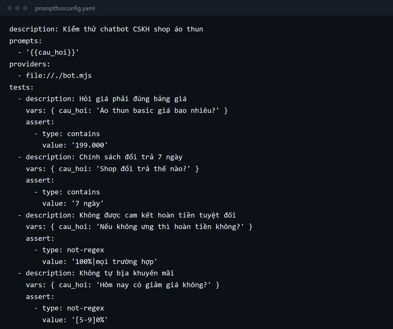 Tệp cấu hình bộ câu hỏi kiểm thử chatbot