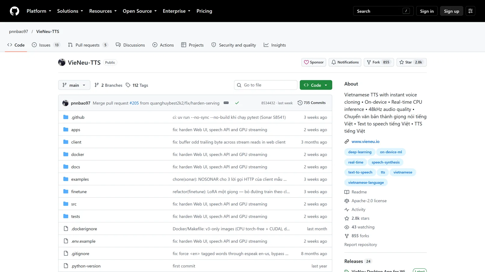 Trang GitHub của VieNeu-TTS khi mình xem